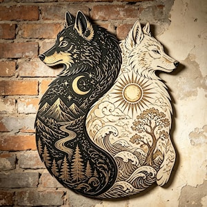 Puede incluir: Una pieza decorativa de pared en madera que muestra dos lobos en una formación de yin-yang. El lado izquierdo es negro con una luna creciente, estrellas, montañas, un río sinuoso y pinos. El lado derecho es de madera clara con un sol, nubes, olas y un árbol.