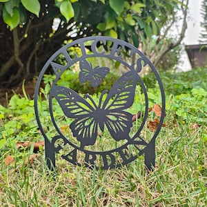 Custom Metal Garden Sign with Stakes,Personalized Butterfly Garden Decor,Metal Yard Art,Garden Name Sign,Outdoor Garden Sign,Lawn Signs