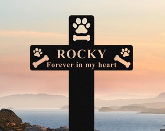 Custom Cross Grave Marker,Personalized Pet Memorial Plaque,Dog Garden Stake with Paw,Metal Garden Stake,Cross Yard Sign,Pet Garden Sign