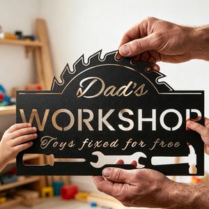 Puede incluir: Letrero de metal negro con las palabras "Dad's WORKSHOP" y "Toys fixed for free" recortadas. El letrero presenta un diseño de hoja de sierra en la parte superior y siluetas de herramientas en la parte inferior. El letrero está sostenido por dos personas.