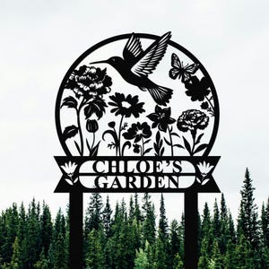 Personalized Hummingbird Metal Garden Sign,Custom Metal Garden Stake,Metal Garden Name Sign,Bird with Flower Garden Sign,Yard Garden Decor