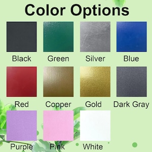 May include: Image displaying color options for a product. The options include black, green, silver, blue, red, copper, gold, dark gray, purple, pink, and white. The text "Color Options" is at the top.