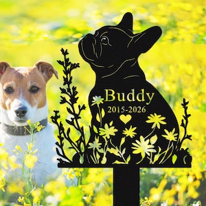 May include: A black metal garden stake featuring a silhouette of a French Bulldog with the name "Buddy" and the years 2015-2026. The stake is decorated with floral cutouts and a heart. A Jack Russell Terrier is in the background.