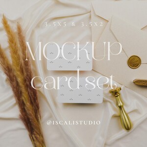004 Elegante crème: 3,5 x 5 en 3,5 x 2 kaarten voor bijlagen, mockup voor bruiloftsbriefpapier, rustieke boho-bedankkaart, RSVP-mockup, slim PSD-object