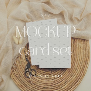 001 Boho Soft Bunny Tail 5x7 Convite Mockup, 3 Fotos, Boho Mockup, Mínimo, Flat Lay Mockup Suite, 5x7 Card Mockup Set, PSD Smart Object