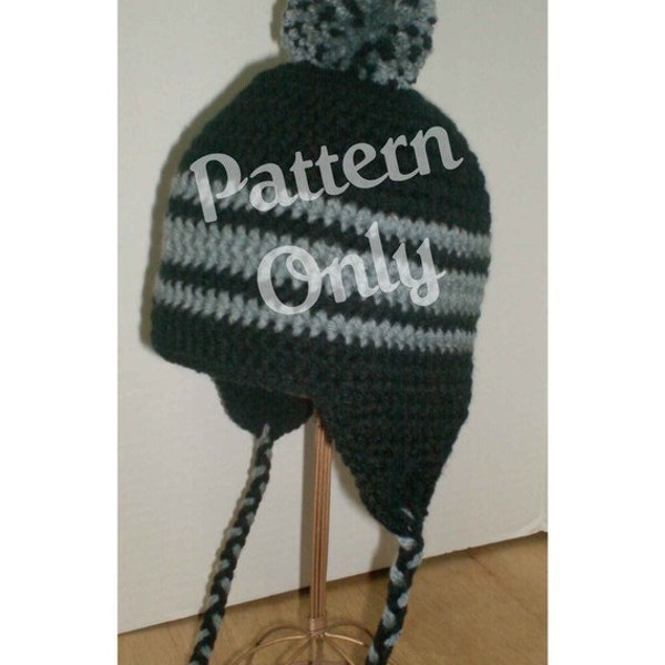 Beginner Crochet Pattern Pompom Earflap Hat Toddler thru Adult Size Warm Winter Hat