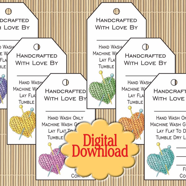 HANDCRAFTED With Love Gift Tags Tags for Handmade Crochet Items With Care Instructions 6 Colors Knit Yarn Hearts DIGITAL DOWNLOAD