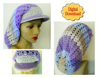 May include: Crochet hat pattern featuring a striped design in shades of purple, blue, and beige. The pattern includes instructions for a hat with a brim.