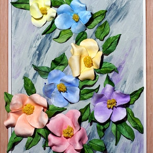 fleurs en 3D sur toile cartonnée. Entièrement fait main et pièce unique. 45,5 cm X 37,5 cm.