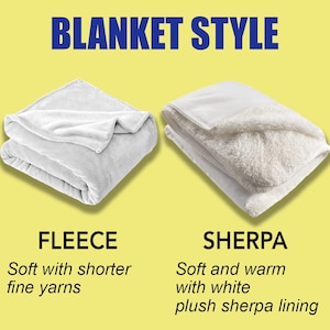 May include: Image showcasing two white blankets, one fleece and one sherpa. The text "BLANKET STYLE" is at the top. Below, "FLEECE" is described as soft with shorter fine yarns. "SHERPA" is described as soft and warm with white plush sherpa lining.