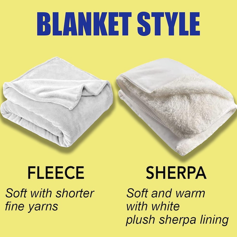 May include: Image showcasing two white blankets, one fleece and one sherpa. The text "BLANKET STYLE" is at the top. Below, "FLEECE" is described as soft with shorter fine yarns. "SHERPA" is described as soft and warm with white plush sherpa lining.