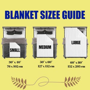 May include: A blanket size guide with three examples: small (30" x 40"), medium (50" x 60"), and large (60" x 80"). Each size is displayed on a bed, with the blanket folded. The text "BLANKET SIZEE GUIDE" is at the top.