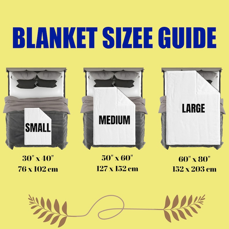 May include: A blanket size guide with three examples: small (30" x 40"), medium (50" x 60"), and large (60" x 80"). Each size is displayed on a bed, with the blanket folded. The text "BLANKET SIZEE GUIDE" is at the top.
