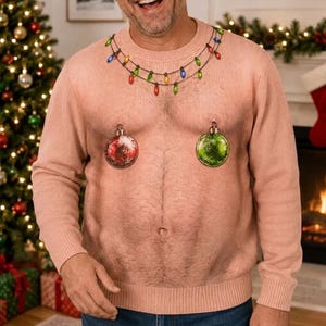 May include: A long-sleeved crewneck sweater featuring a realistic skin-tone print with a graphic of a hairy chest, a string of colorful Christmas lights draped around the neckline, and two hanging holiday ornaments positioned over the chest area.