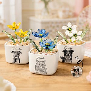 May include: Three white square ceramic pots with glass flower sculptures. Each pot features a different flower design: yellow, blue, and white. The pots are decorated with pet portraits and names: "Charlie", "Azela", and "Collie".