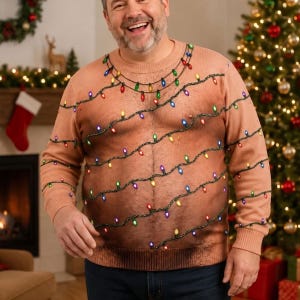 Peut inclure: Un pull à manches longues et col rond arborant un imprimé réaliste couleur peau avec un motif de poils de torse foncés et une guirlande de lumières de Noël colorées enroulée autour du buste. Le pull possède un col, des poignets et un ourlet côtelés.