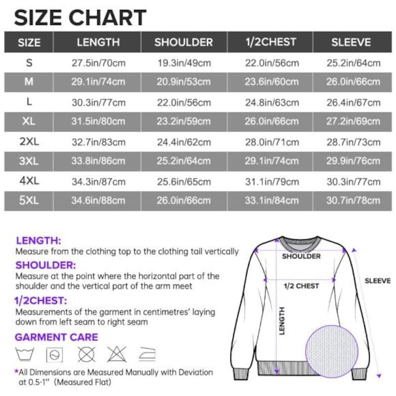 May include: A size chart for clothing featuring a table with rows for sizes S through 5XL and columns for length, shoulder, 1/2 chest, and sleeve measurements in inches and centimetres. Includes a diagram of a sweatshirt with measurement labels.