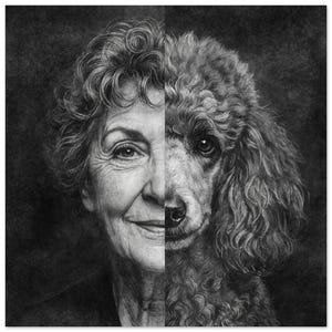 May include: A black and white charcoal drawing featuring a split-face portrait. The left side depicts an older person with curly hair and visible facial lines, while the right side shows the face of a curly-haired poodle with dark, expressive eyes.