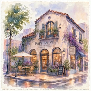 May include: A watercolour painting of a bookstore, "Paper & Ivy Books & More", on a street corner. The building features a balcony, arched windows, and a sign. A chalkboard sign reads "Good Books, Good Day". A table and chairs are outside.