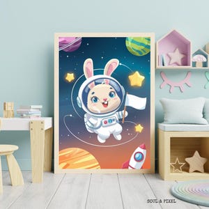 Conejitos astronautas en el espacio | Impresión de arte digital para niños, póster de conejito espacial