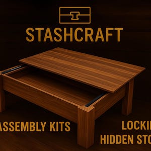 May include: A wooden coffee table with a lift-top design, revealing hidden storage. The table is brown with a visible wood grain. Text on the image reads "STASHCRAFT", "DIY ASSEMBLY KITS", and "LOCKING HIDDEN STORAGE".