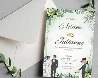 Modèle modifiable de faire-part de mariage verdure - personnalisable, réservez cette date avec un motif eucalyptus, téléchargement numérique, personnalisation instantanée