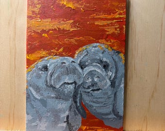 Original Acrylic Painting – Manatee Portrait, 5x7 Canvas Board, Wildlife Art Donation