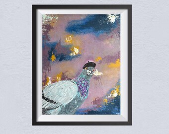 Parisian Pigeon Art Print: Whimsical French Decor, Acrylic Painting Style