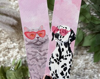 Cat Dog Heart Sunglasses Bookmarks | Pink Animal Art Print