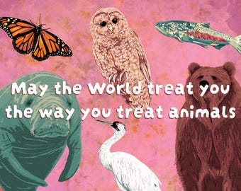 Wildlife Print Set | Endangered Animals, Pink Background (5x7 Fine Art Print)