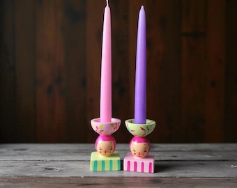 Handmade Decorative Candle Holder Set – Mathilda Pink Hair Figurine, Colorful 2-Piece Candelabra