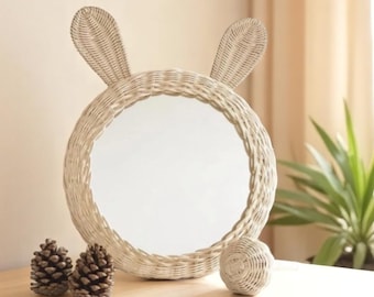 Rattan Bunny Ear Mirror – Handmade Boho Nursery Decor