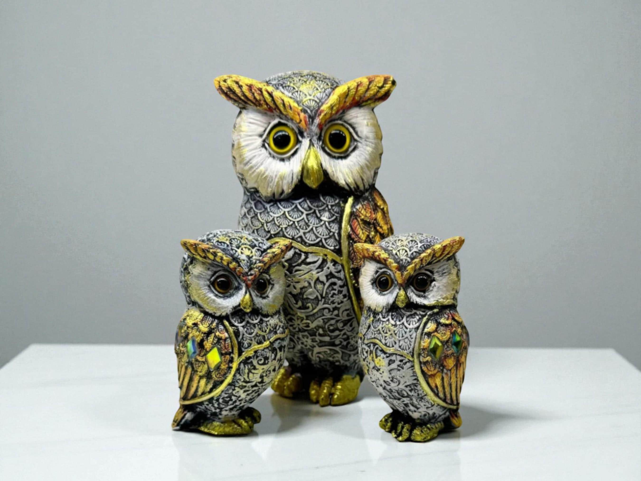 Owl Family Trio Statue with Mirror | Cute Polyresin Owl Figurines | Home & Office Decor | Animal