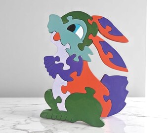 Houten konijnenpuzzel – dierenpuzzel van 18 x 24 cm voor kinderen – montessorispeelgoed- en kinderkamerdecoratie