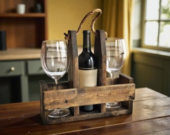 Handmade Rustic Wood Wine Rack & Glass Holder – Home Bar Organizer