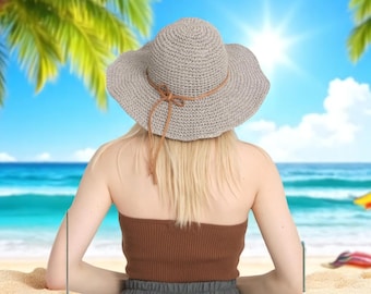 Wide Brim Gray Straw Hat: Handmade Boho Beach Sun Hat