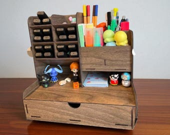Desktop Drawer Organizer & Pen Holder | Wooden Office Desk Storage | Stationery Organizer 26.5x26x17cm