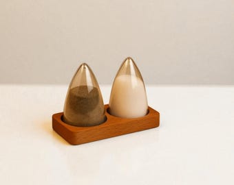 Clear Acrylic Salt and Pepper Shakers with Wooden Stand
