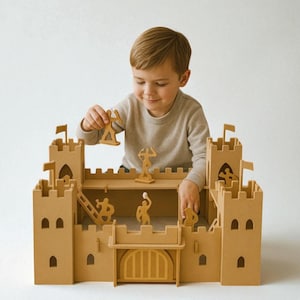 Juego de castillo de madera / Fortaleza de caballero sin pintar con 8 soldados / Juego imaginativo para niños