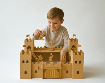 Juego de castillo de madera / Fortaleza de caballero sin pintar con 8 soldados / Juego imaginativo para niños