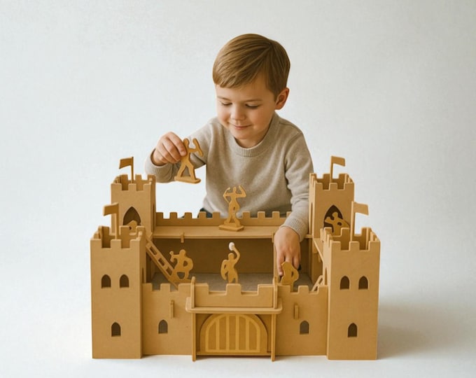 Hölzerne Burg Spielzeug Spielset | Unbemalte Ritterfestung mit 8 Soldaten | Fantasievolles Kinderspiel