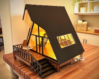 Kit de casa en miniatura DIY con luz LED: maqueta de bungalow de madera