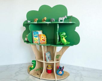 Estantería de madera con forma de árbol: librería infantil Montessori con 4 estantes (127 x 110 cm), ideal para la guardería y el cuarto de juegos.