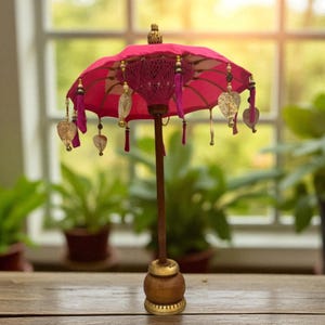 Fuchsia Pink Balinese Decorative Umbrella 70 cm – Handmade Carved Wood Boho Parasol for Wedding, Event, Home Decor