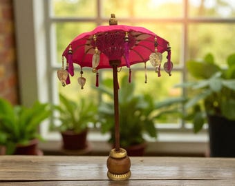 Fuchsia Pink Balinese Umbrella: Hand-Carved Wood Boho Parasol