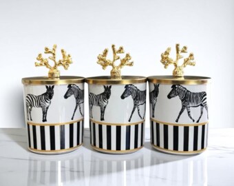 Set kruidenpotjes Zebra & Horse: goud-koraal koffiehoekdecor
