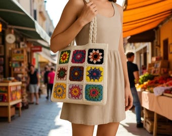 Handmade Boho Crochet Flower Shoulder Bag - Cotton Lined Tote With Zipper For Beach, Travel, Parties & Photo Shoots