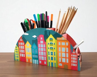 Decorative Wooden Desktop Organizer with Drawer | 7-Compartment Pen Holder & Stationery Storage 13.5x27cm