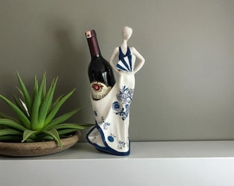 Elegant Woman Figurine Wine Bottle Holder: Blue & White Fan Pattern, 34cm Decorative Statue