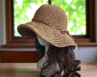 Cappello da pescatore in paglia fatto a mano all'uncinetto: cappello da sole da spiaggia boho